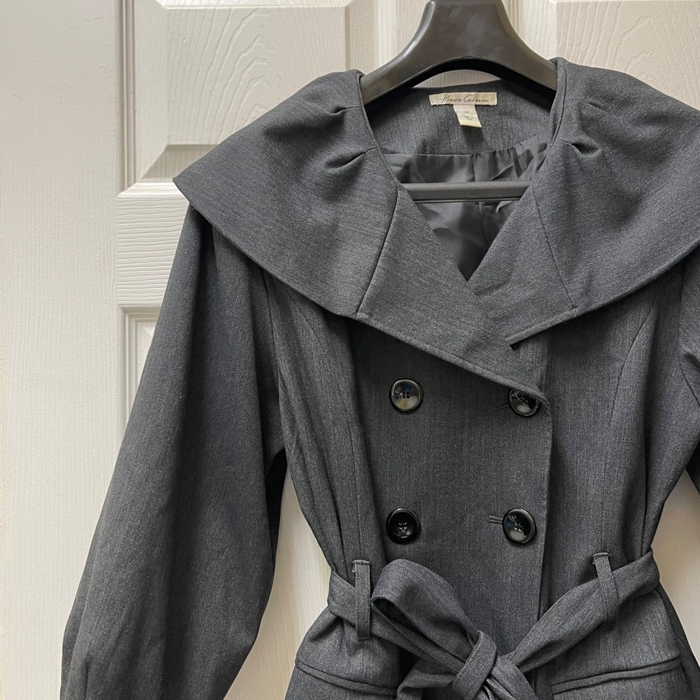 Kenneth Cole New York Womens Sz 10 Gray Shawl Neck Belted Double Breasted Jacket - Picture 1 of 16